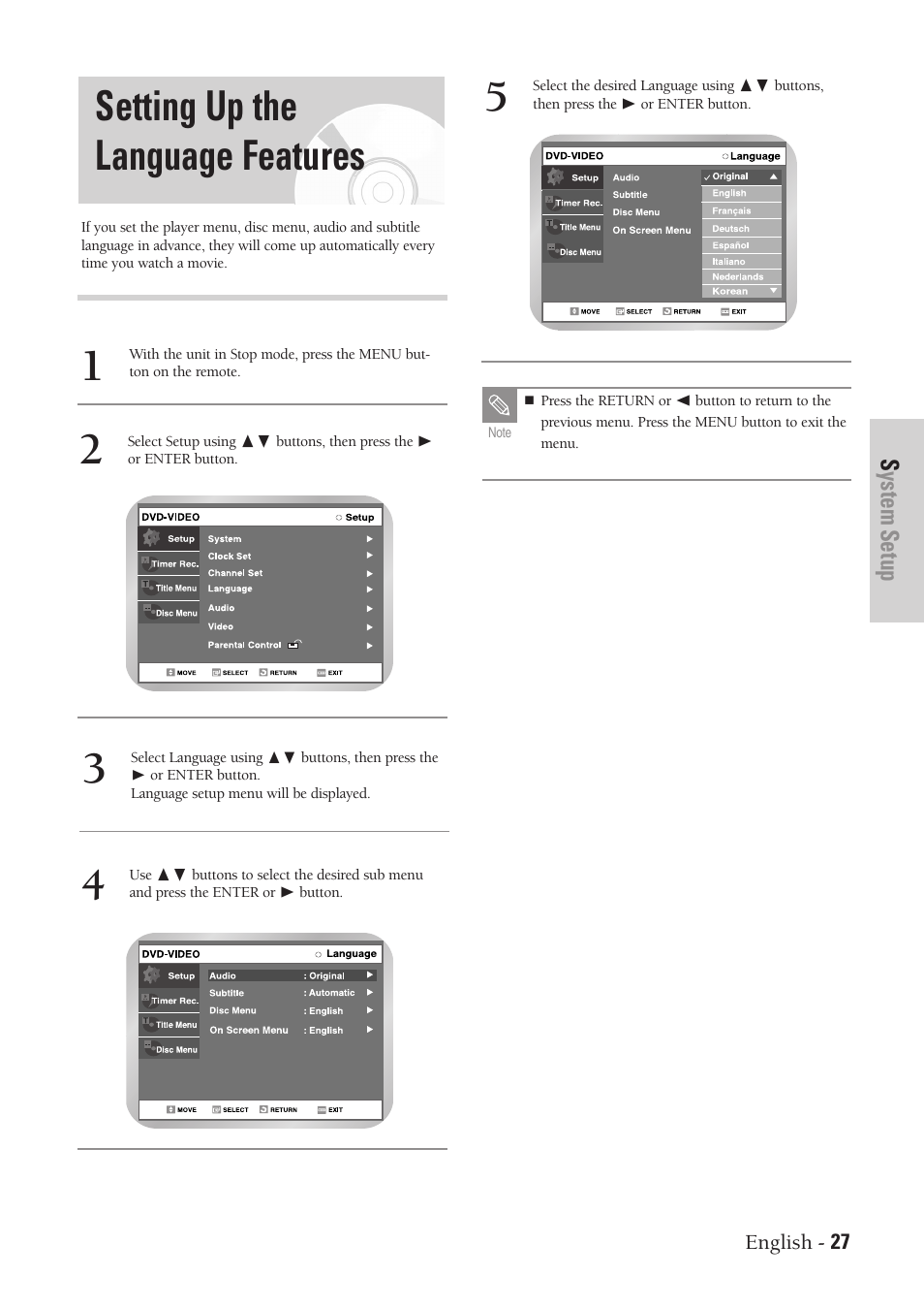 Setting up the language features, System setup | Samsung DVD-VR300-XAA User Manual | Page 27 / 97