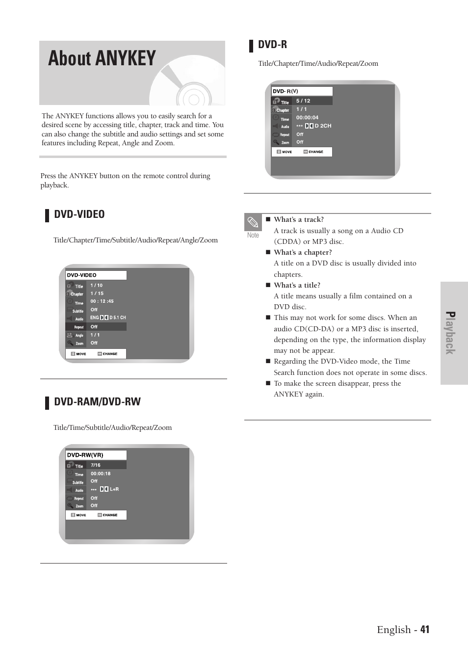 About anykey, Playback, English - 41 | Dvd-video, Dvd-ram/dvd-rw, Dvd-r | Samsung DVD-VR300-XAA User Manual | Page 41 / 97