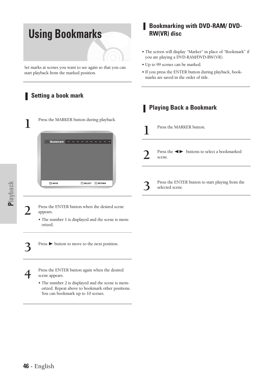 Using bookmarks | Samsung DVD-VR300-XAA User Manual | Page 46 / 97