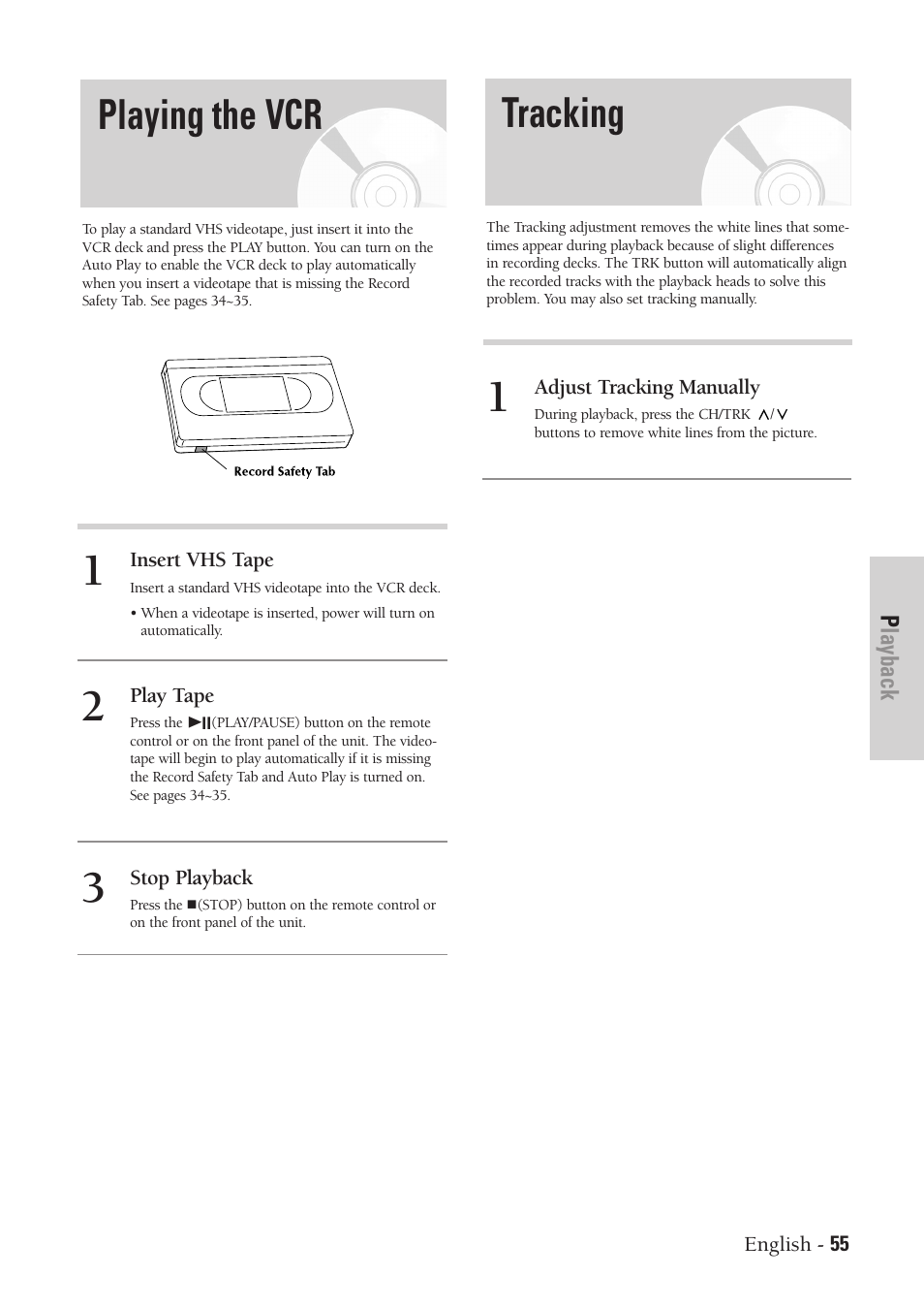 Playing the vcr, Tracking | Samsung DVD-VR300-XAA User Manual | Page 55 / 97