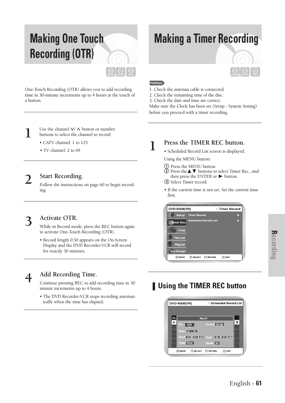 Making one touch recording (otr), Making a timer recording, Recording | Using the timer rec button | Samsung DVD-VR300-XAA User Manual | Page 61 / 97