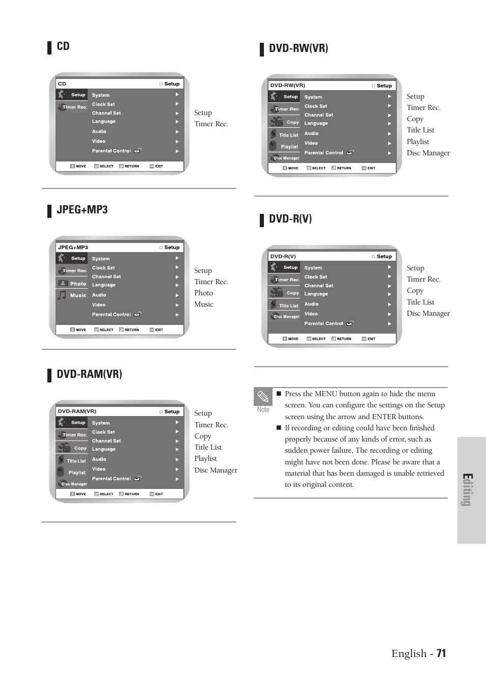 Editing, English - 71, Jpeg+mp3 | Dvd-ram(vr), Dvd-rw(vr), Dvd-r(v) | Samsung DVD-VR300-XAA User Manual | Page 71 / 97