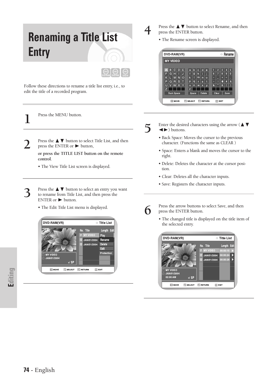 Renaming a title list entry, Editing | Samsung DVD-VR300-XAA User Manual | Page 74 / 97