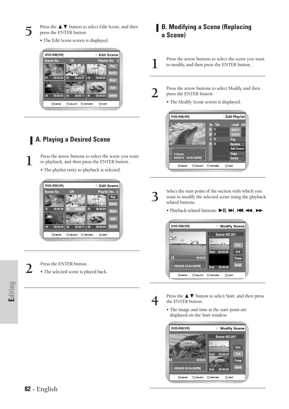 Editing, 82 - english, B. modifying a scene (replacing a scene) | A. playing a desired scene | Samsung DVD-VR300-XAA User Manual | Page 82 / 97