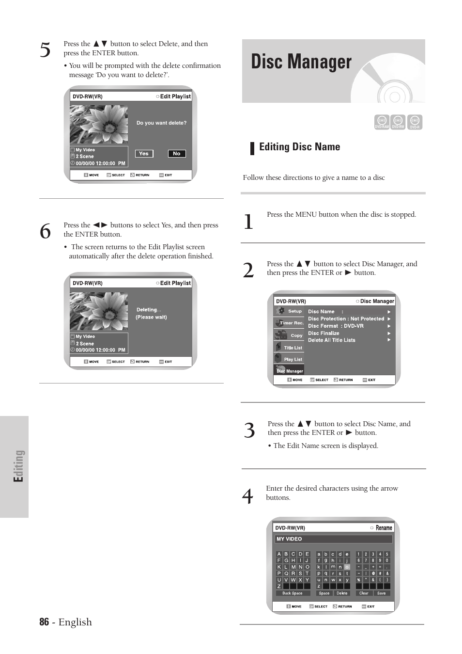 Disc manager, Editing | Samsung DVD-VR300-XAA User Manual | Page 86 / 97