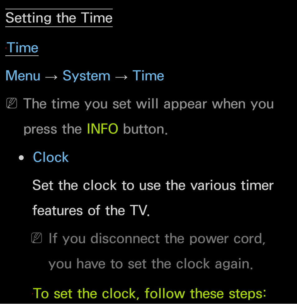 Setting the time, Time menu → system → time | Samsung UN55FH6200FXZA User Manual | Page 167 / 678