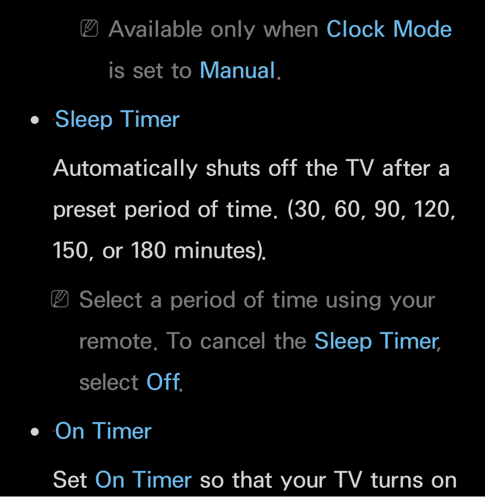 Available only when clock mode is set to manual, On timer set on timer so that your tv turns on | Samsung UN55FH6200FXZA User Manual | Page 170 / 678