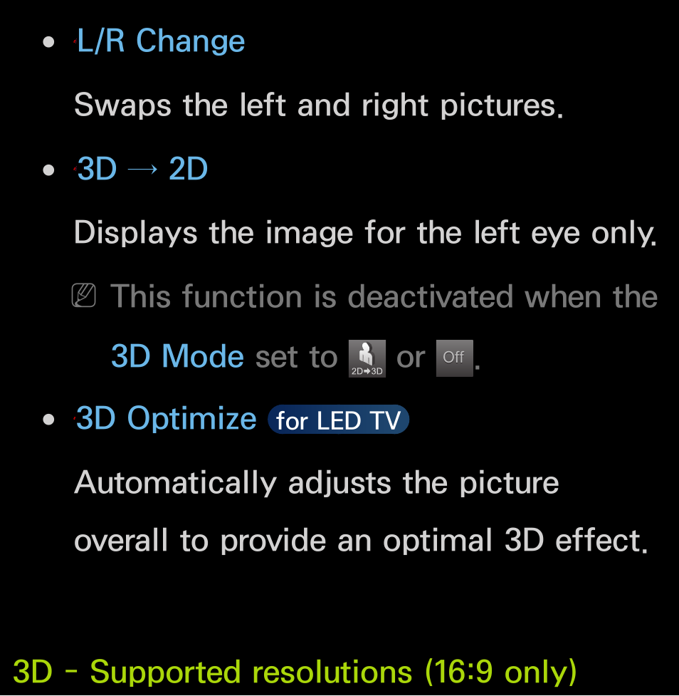L/r change swaps the left and right pictures, 3d → 2d displays the image for the left eye only, 3d optimize | Samsung UN55FH6200FXZA User Manual | Page 278 / 678