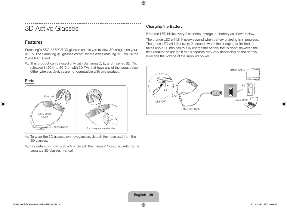 3d active glasses, Features | Samsung UN85S9AFXZA User Manual | Page 20 / 34