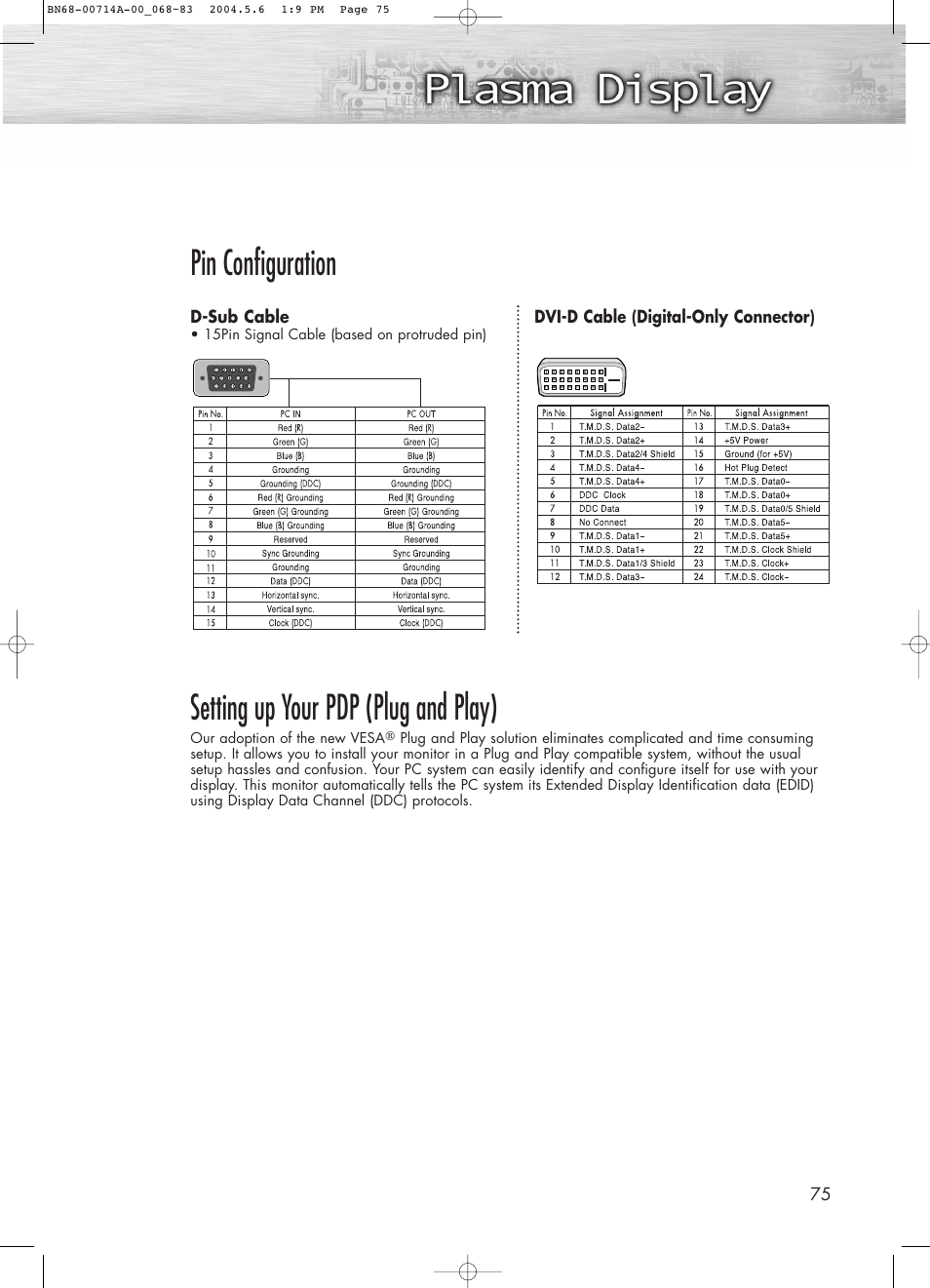 Pin configuration, Setting up your pdp (plug and play) | Samsung HPP5031X-XAC User Manual | Page 75 / 110