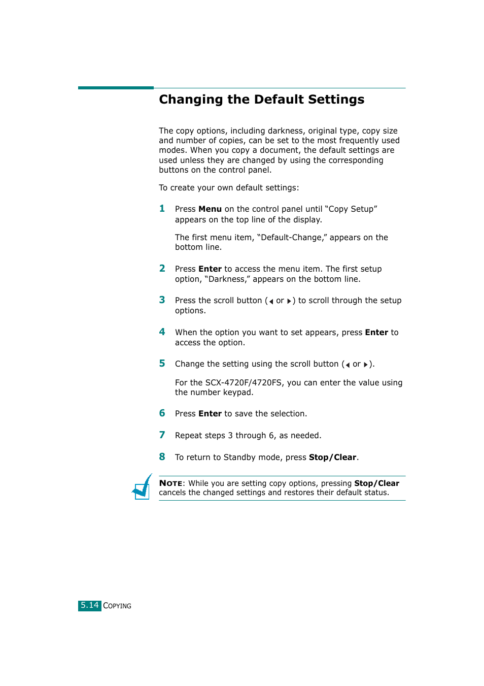 Changing the default settings | Samsung SCX-4720F-XIP User Manual | Page 125 / 322