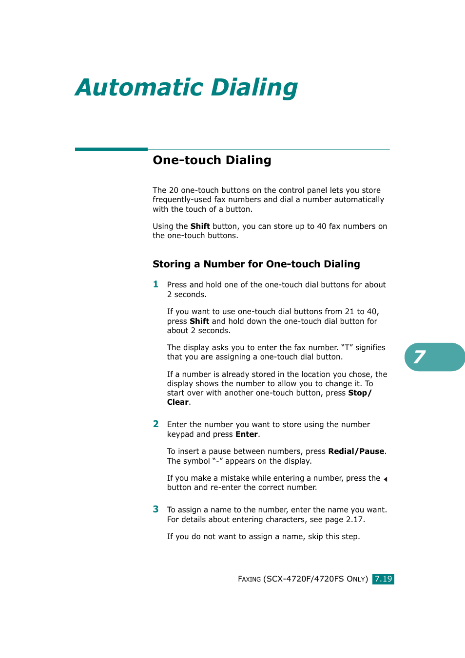 One-touch dialing, Storing a number for one-touch dialing, Automatic dialing | Samsung SCX-4720F-XIP User Manual | Page 158 / 322