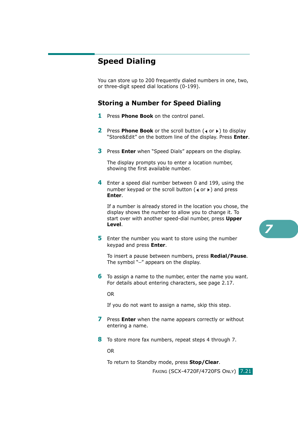Speed dialing, Storing a number for speed dialing | Samsung SCX-4720F-XIP User Manual | Page 160 / 322