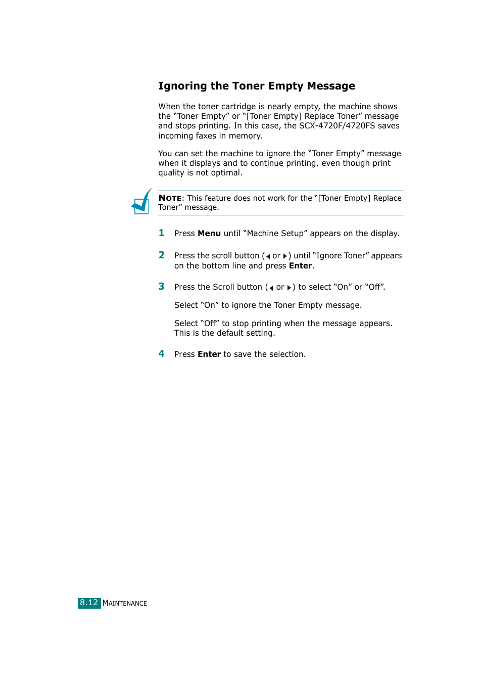 Ignoring the toner empty message | Samsung SCX-4720F-XIP User Manual | Page 191 / 322