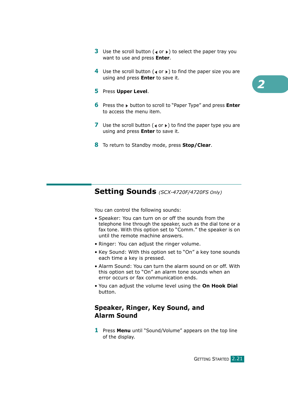 Setting sounds (scx-4720f/4720fs only), Speaker, ringer, key sound, and alarm sound, Setting sounds | Samsung SCX-4720F-XIP User Manual | Page 54 / 322