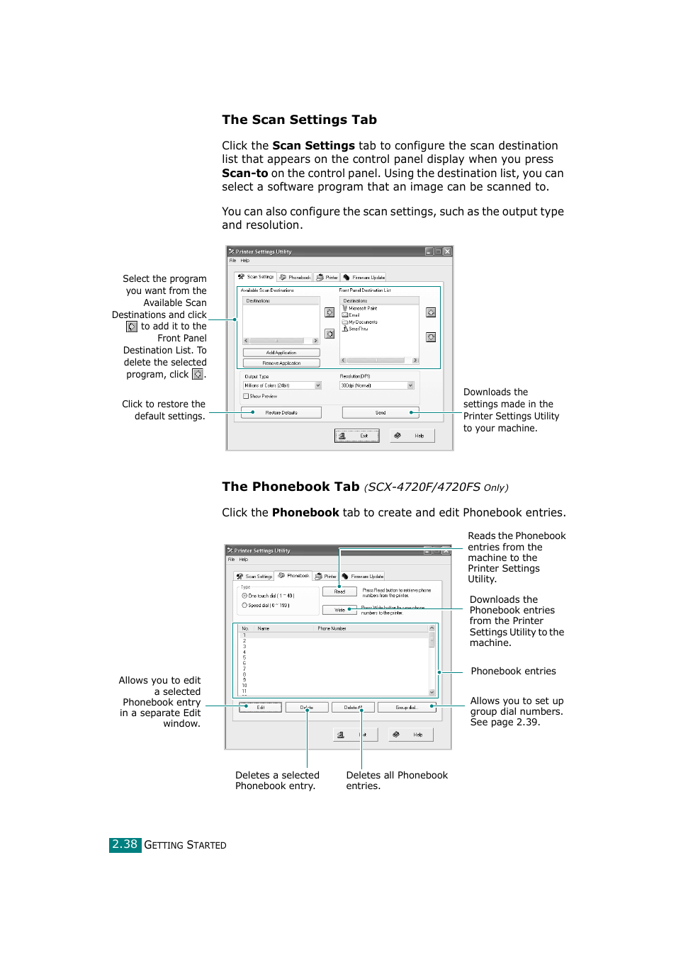 The scan settings tab, The phonebook tab | Samsung SCX-4720F-XIP User Manual | Page 71 / 322