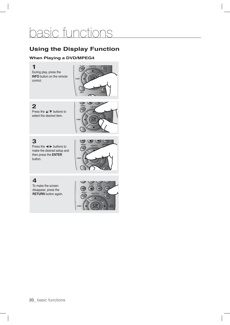 Using the display function, Basic functions | Samsung DVD-P191-XAA User Manual | Page 20 / 56