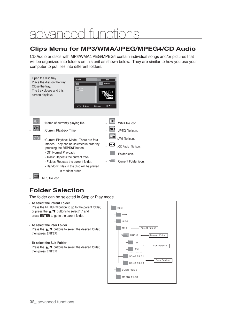Clips menu for mp3/wma/jpeg/mpeg4/cd audio, Folder selection, Advanced functions | The folder can be selected in stop or play mode | Samsung DVD-P191-XAA User Manual | Page 32 / 56