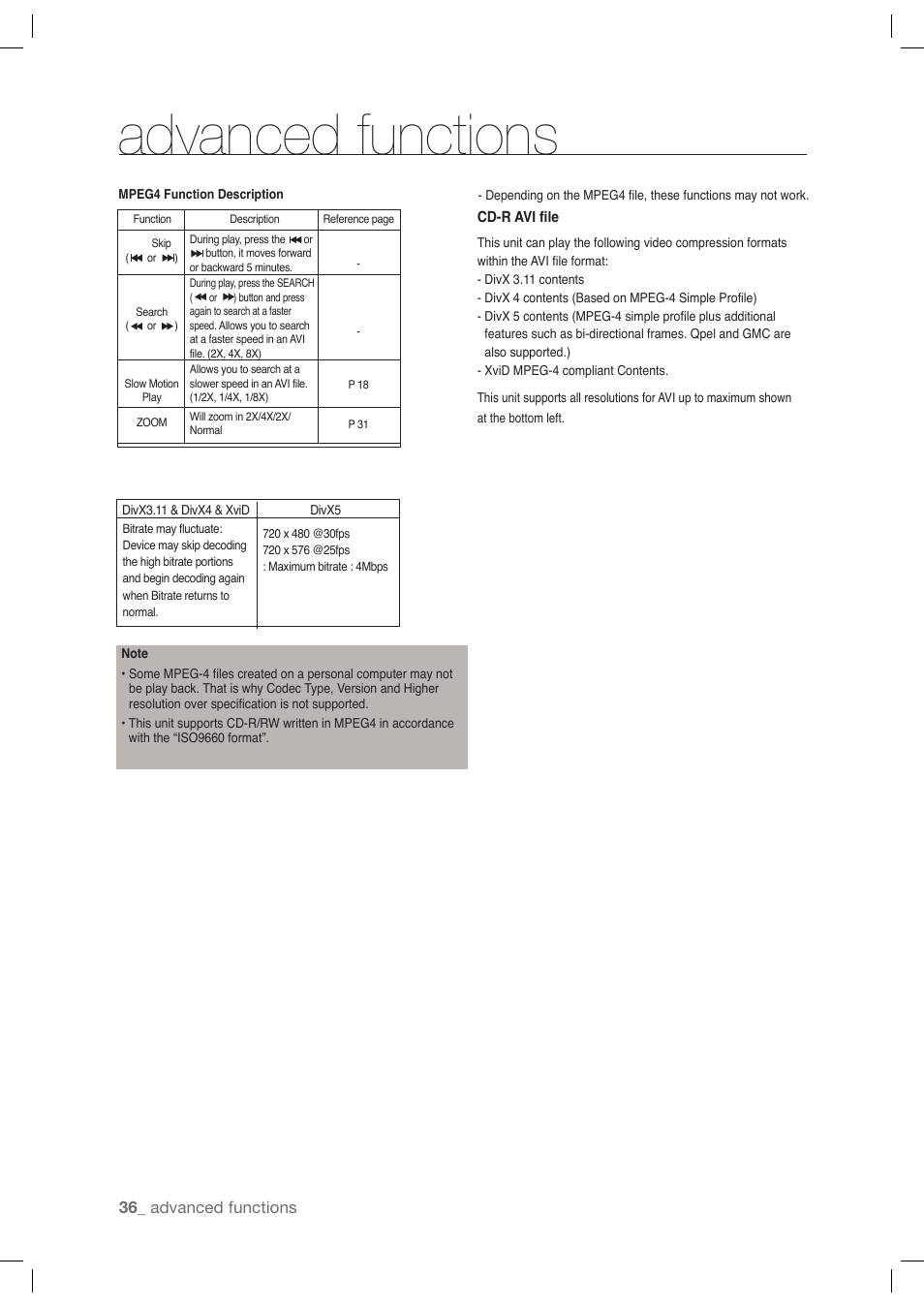 Advanced functions | Samsung DVD-P191-XAA User Manual | Page 36 / 56