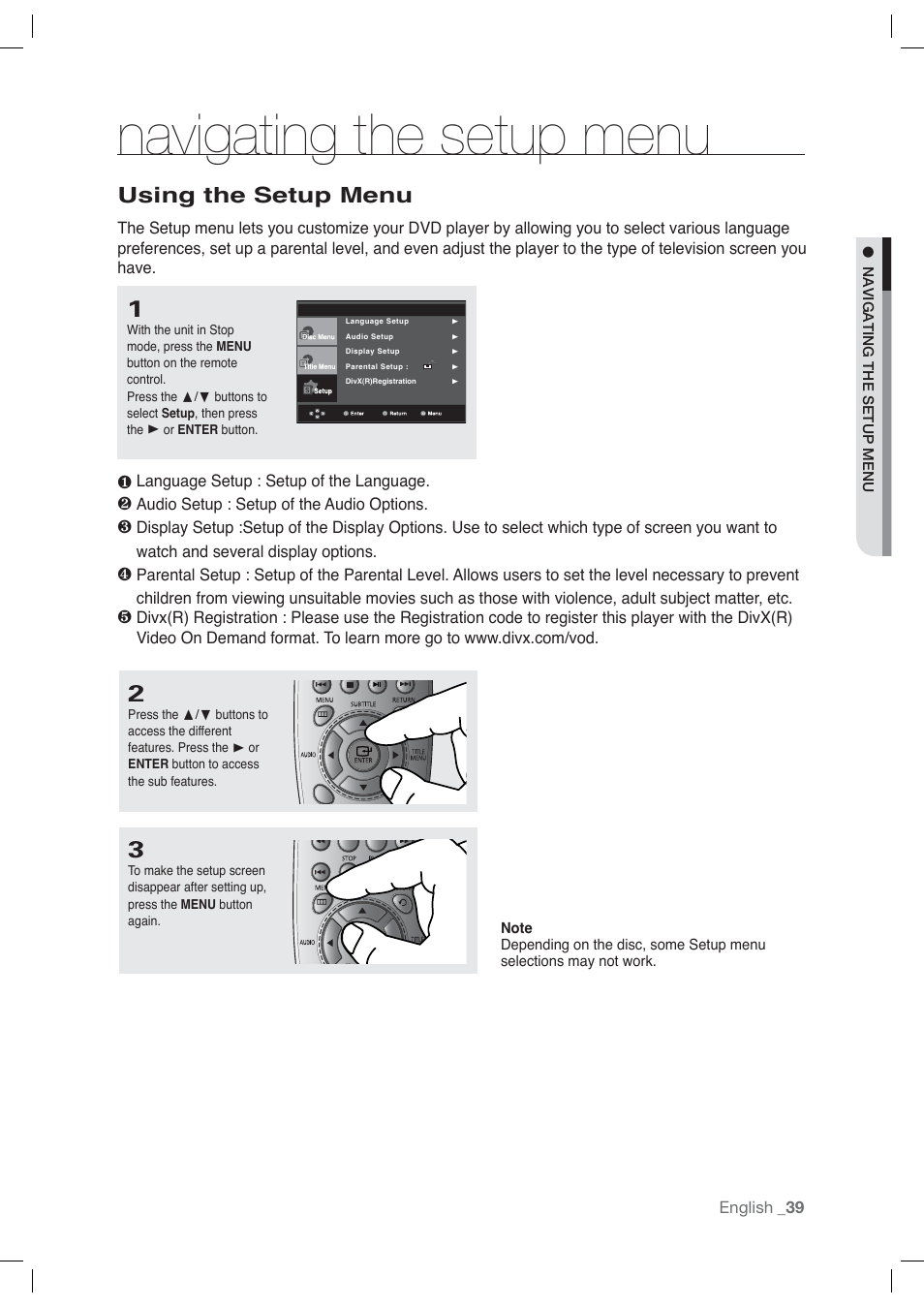 Navigating the setup menu, Using the setup menu | Samsung DVD-P191-XAA User Manual | Page 39 / 56