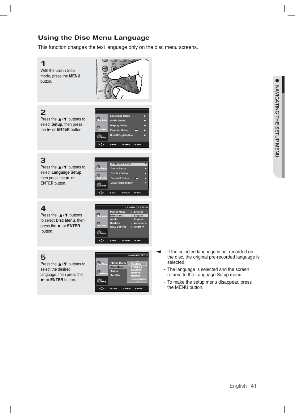Using the disc menu language, English | Samsung DVD-P191-XAA User Manual | Page 41 / 56