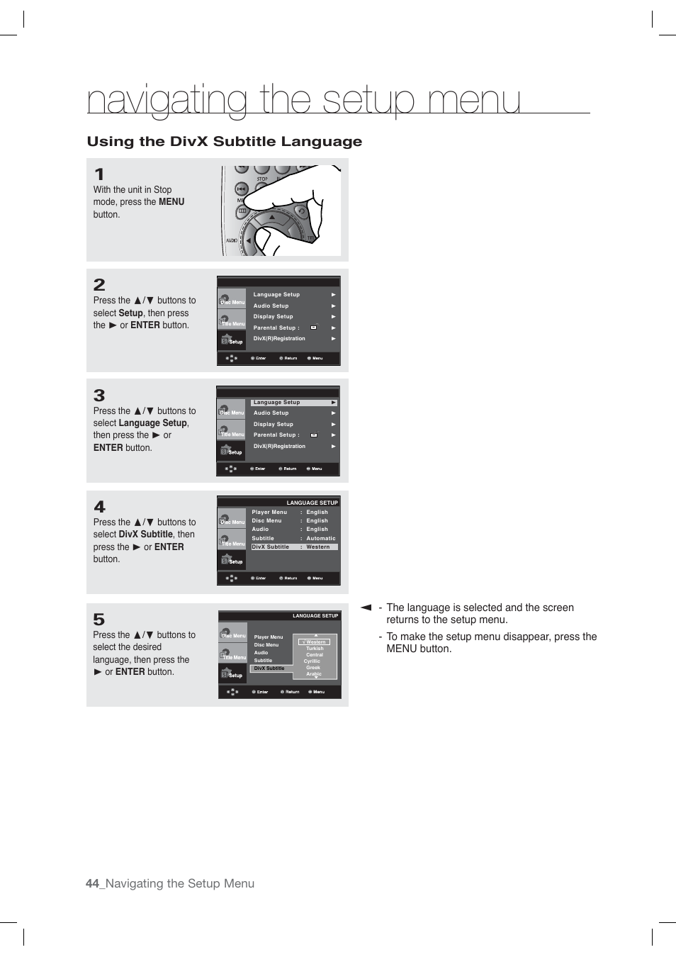 Navigating the setup menu, Using the divx subtitle language, 44_ navigating the setup menu | Samsung DVD-P191-XAA User Manual | Page 44 / 56