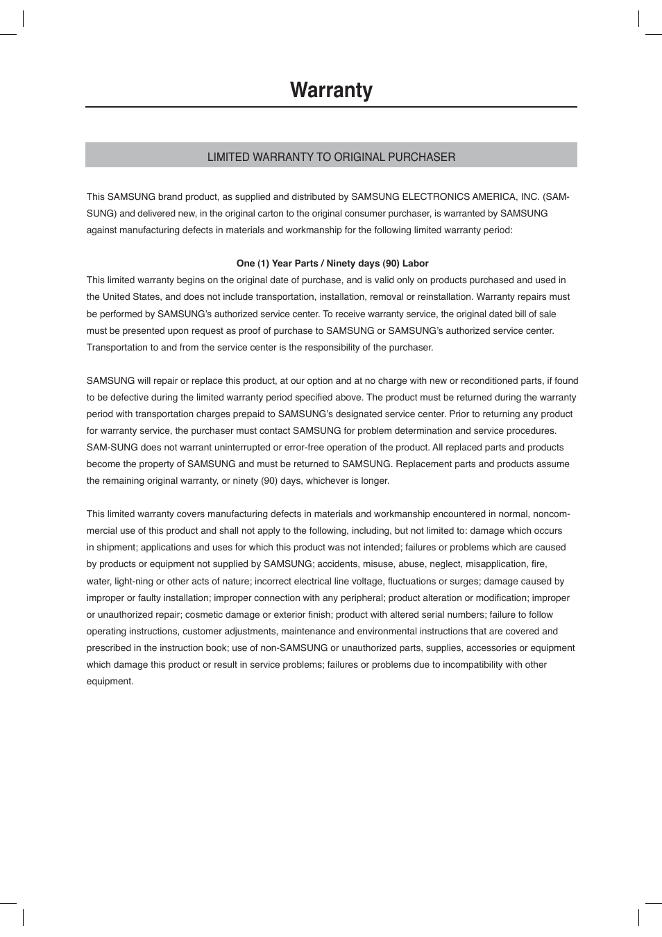 Warranty | Samsung DVD-P191-XAA User Manual | Page 55 / 56