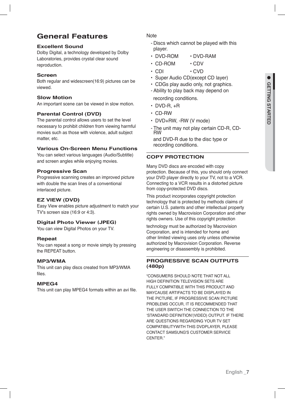General features | Samsung DVD-P191-XAA User Manual | Page 7 / 56