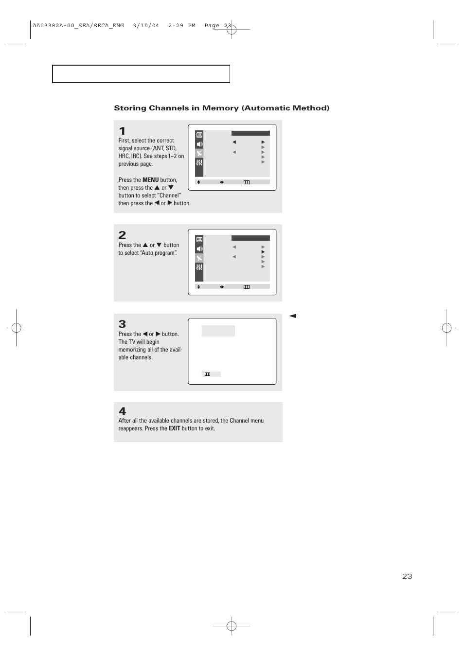 Storing channels in memory (automatic method), P e r at i o n | Samsung TXP2028X-XAC User Manual | Page 23 / 52
