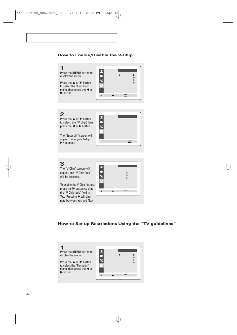 How to enable/disable the v-chip | Samsung TXP2028X-XAC User Manual | Page 42 / 52