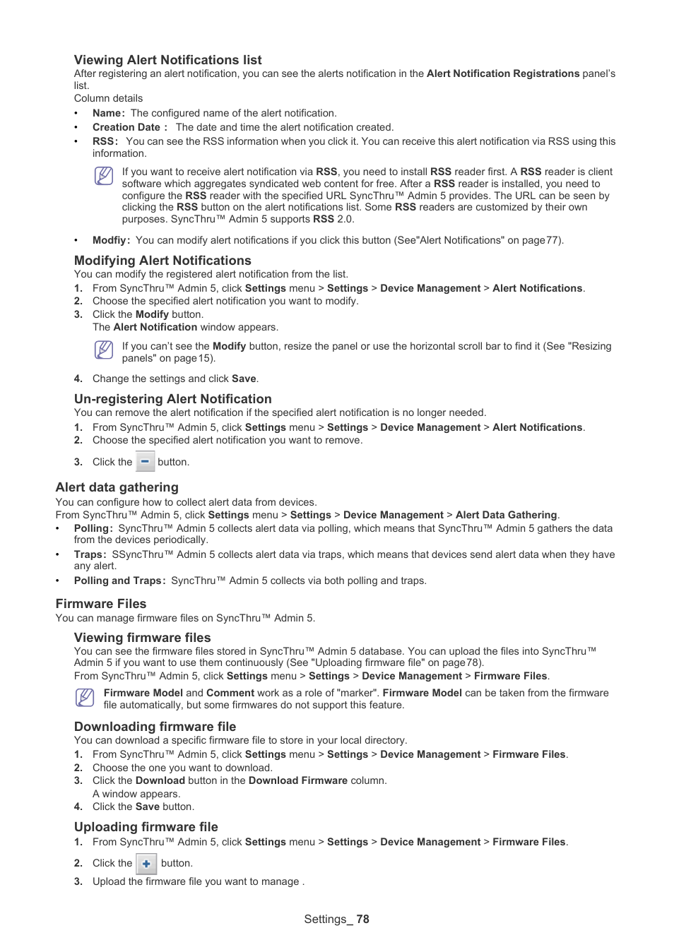 Alert data gathering, Firmware files, Viewing alert notifications list | Modifying alert notifications, Un-registering alert notification, Viewing firmware files, Downloading firmware file, Uploading firmware file | Samsung ML-3471ND-XAR User Manual | Page 78 / 111