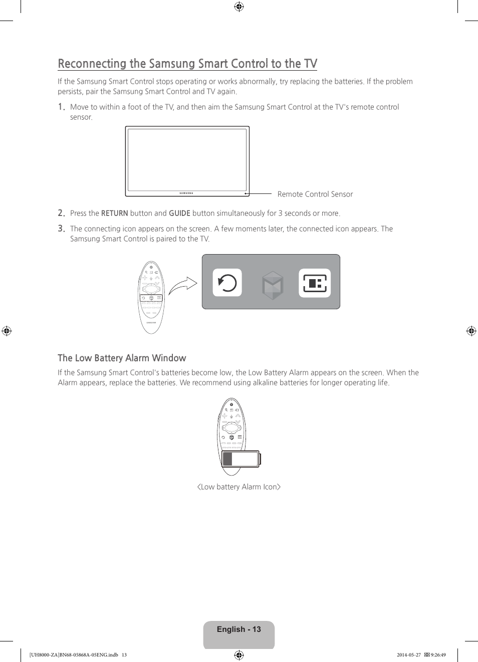 Reconnecting the samsung smart control to the tv | Samsung UN55H8000AFXZA User Manual | Page 13 / 40