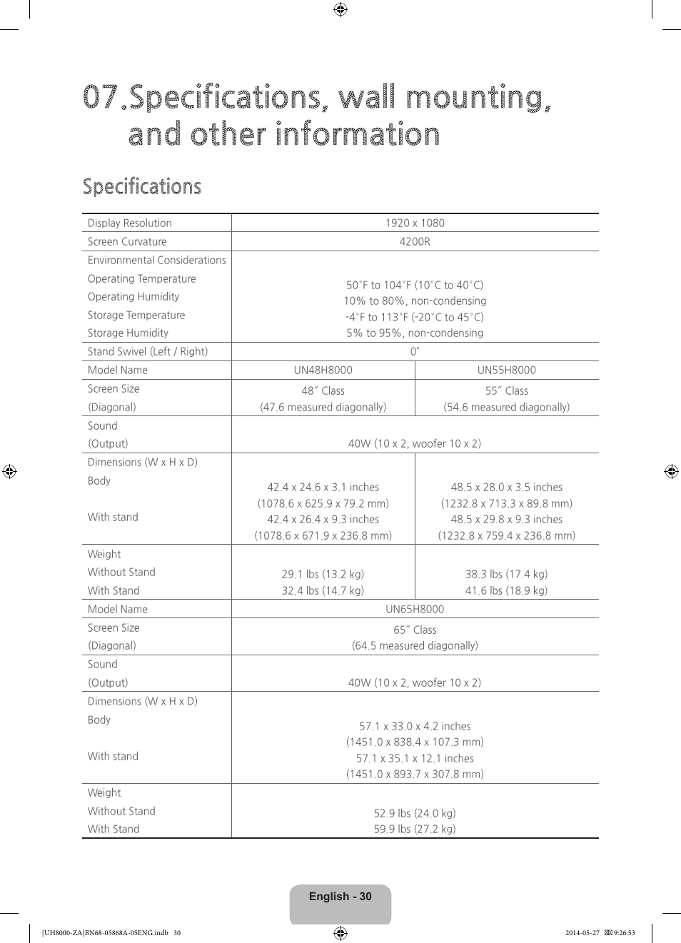 Specifications | Samsung UN55H8000AFXZA User Manual | Page 30 / 40