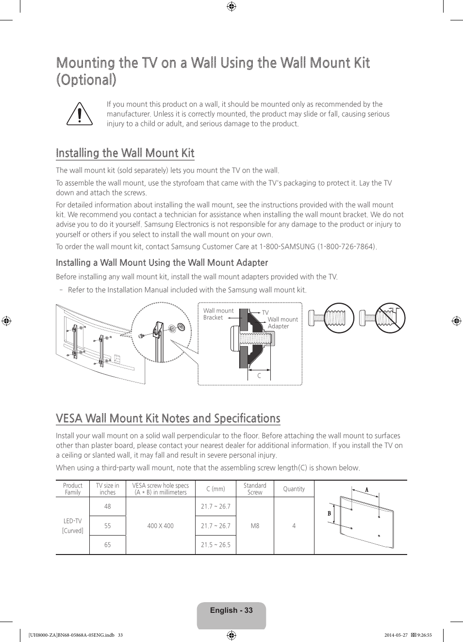Installing the wall mount kit | Samsung UN55H8000AFXZA User Manual | Page 33 / 40