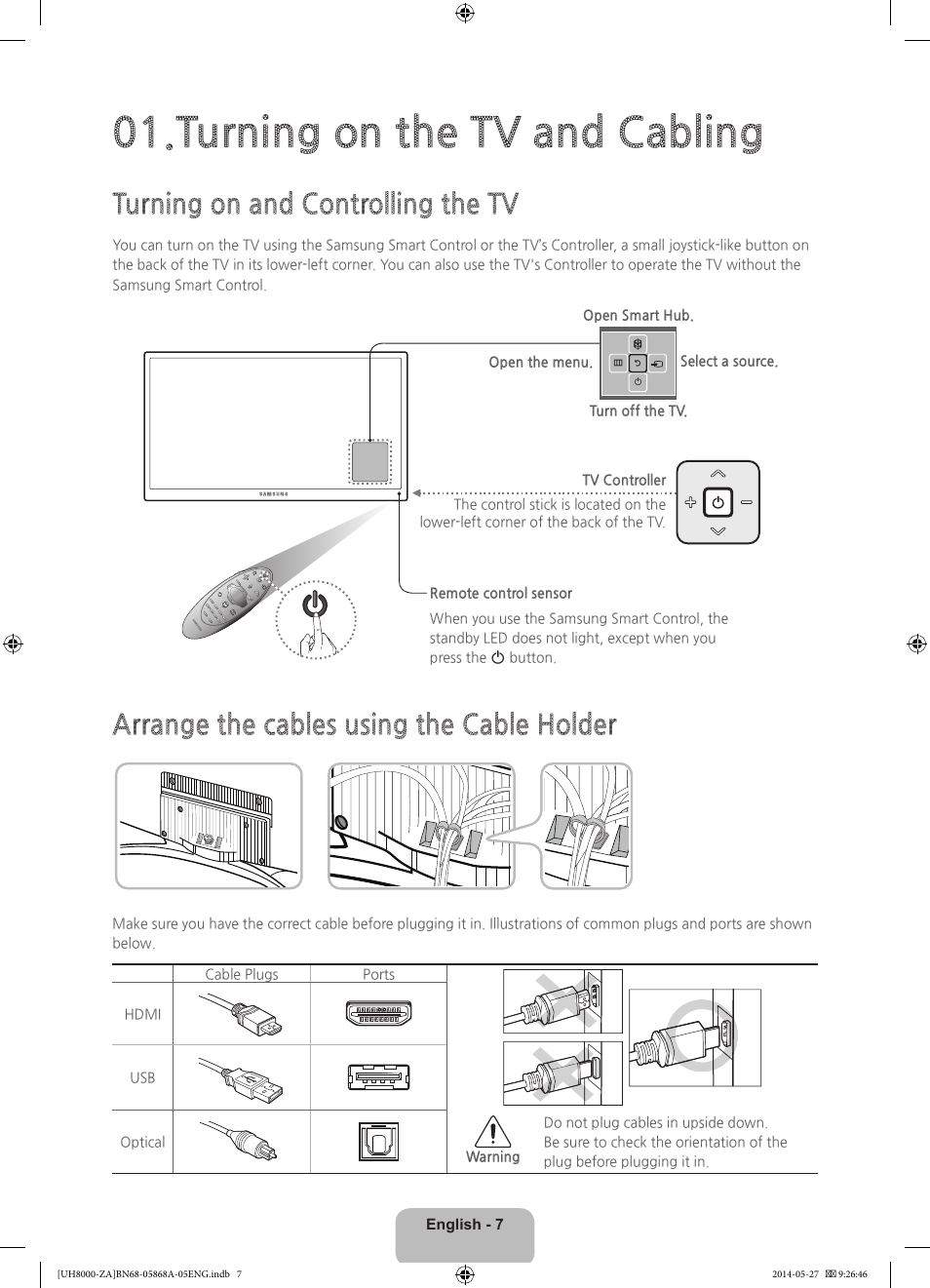 Turning on the tv and cabling, Turning on and controlling the tv, Arrange the cables using the cable holder | Samsung UN55H8000AFXZA User Manual | Page 7 / 40