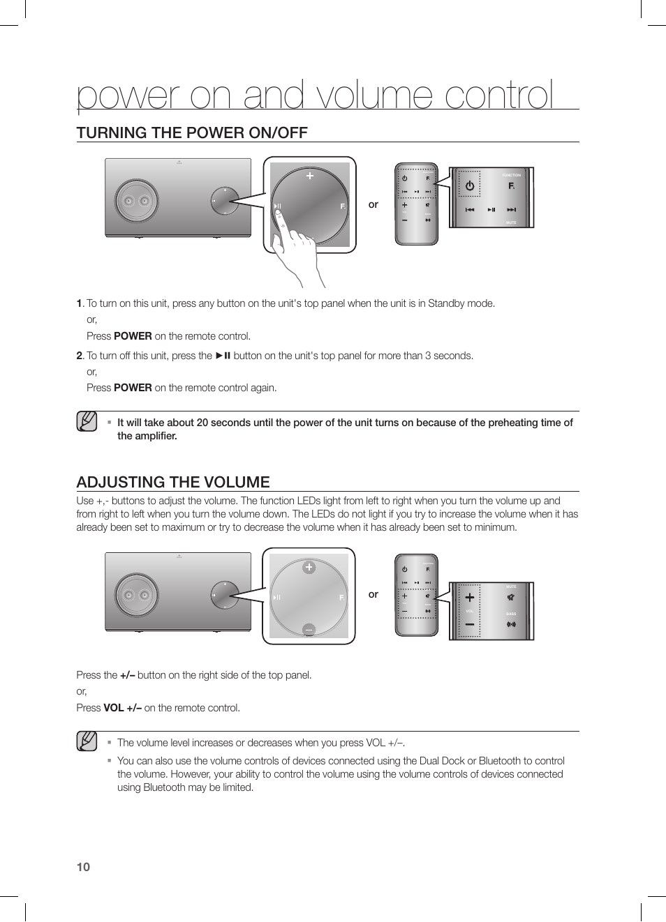 Power on and volume control, Turning the power on/off, Adjusting the volume | Samsung DA-E750-ZA User Manual | Page 10 / 35