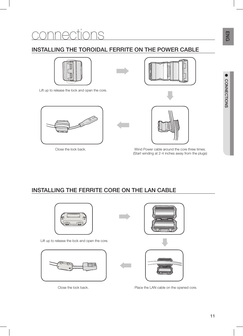 Connections, Installing the toroidal ferrite on the power cable, Installing the ferrite core on the lan cable | Samsung DA-E750-ZA User Manual | Page 11 / 35