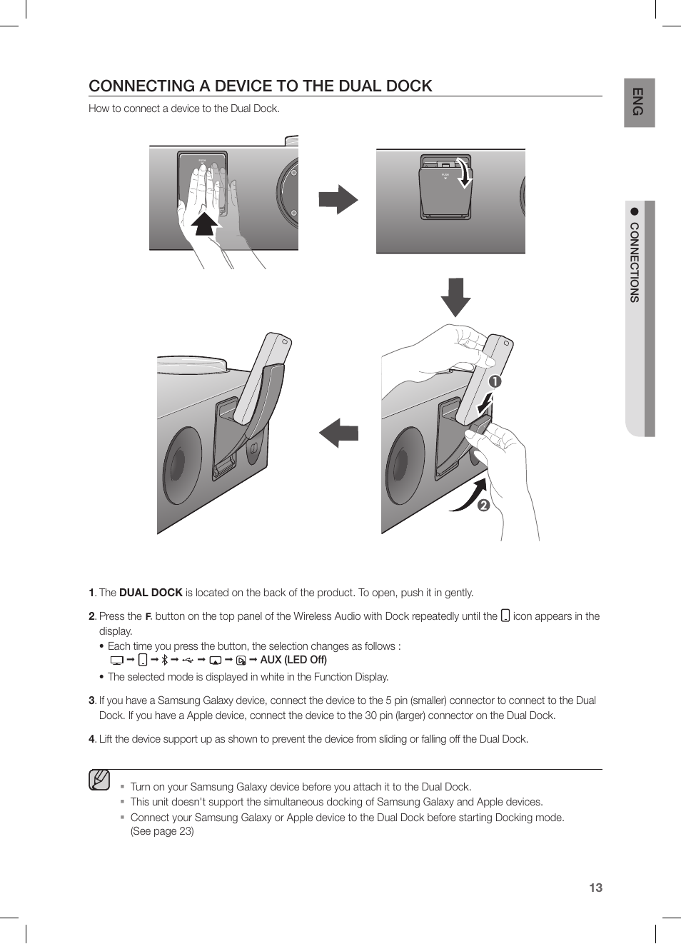 Connecting a device to the dual dock, Connections, Pus h | Pu sh | Samsung DA-E750-ZA User Manual | Page 13 / 35