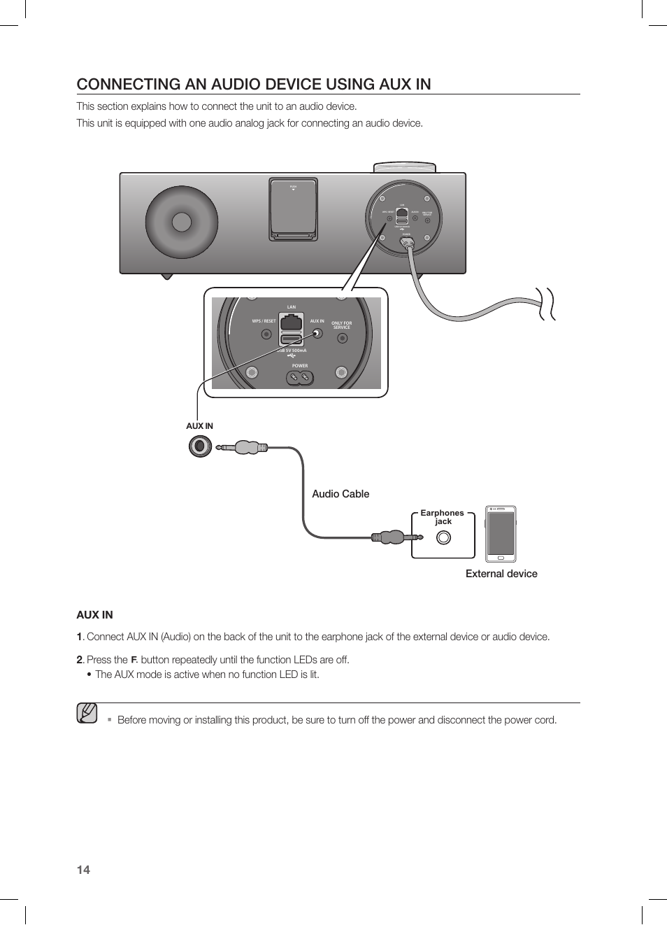 Connecting an audio device using aux in, Audio cable external device, Dock | Aux in, Earphones jack | Samsung DA-E750-ZA User Manual | Page 14 / 35
