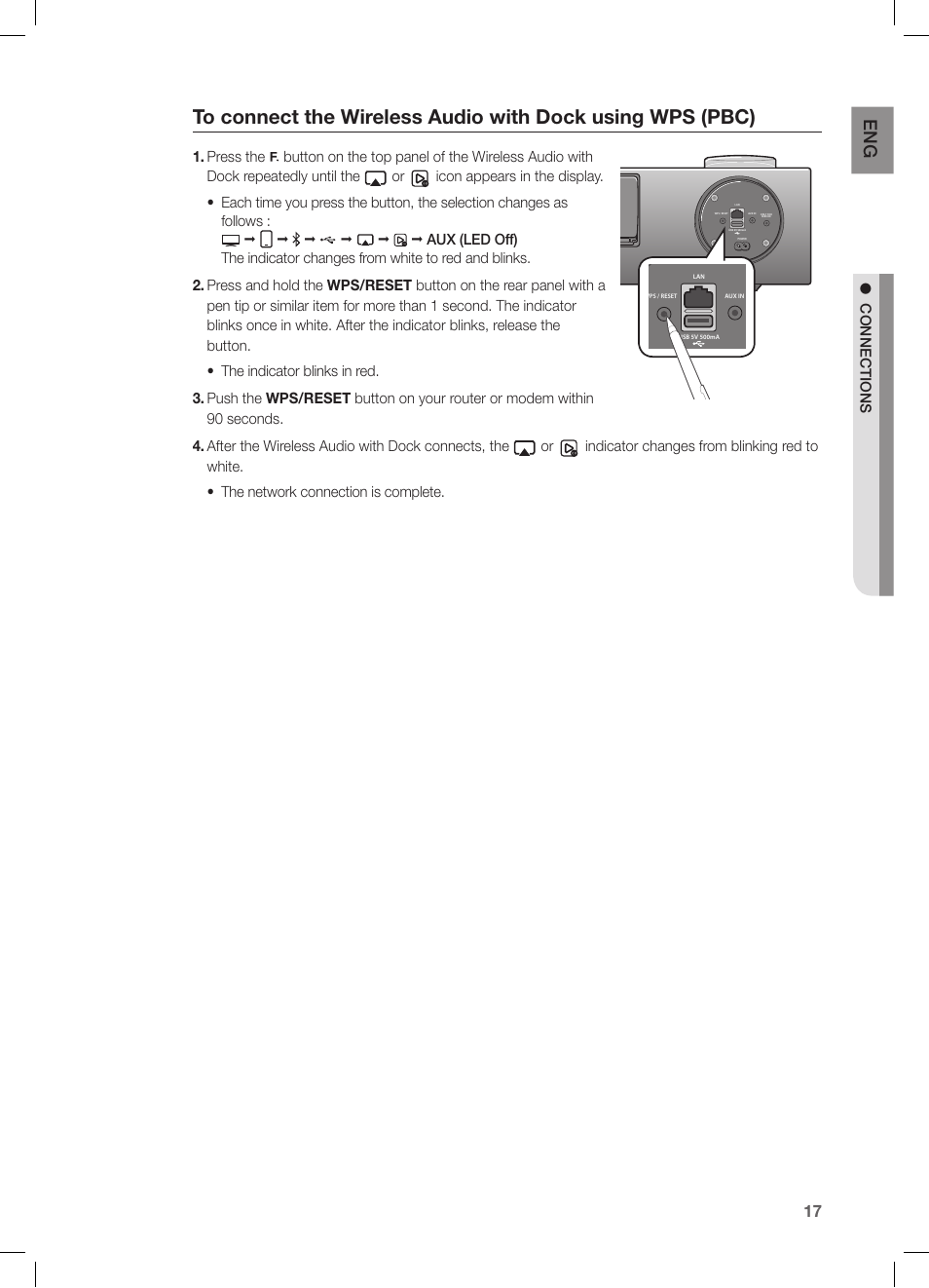 Connections, Dock | Samsung DA-E750-ZA User Manual | Page 17 / 35