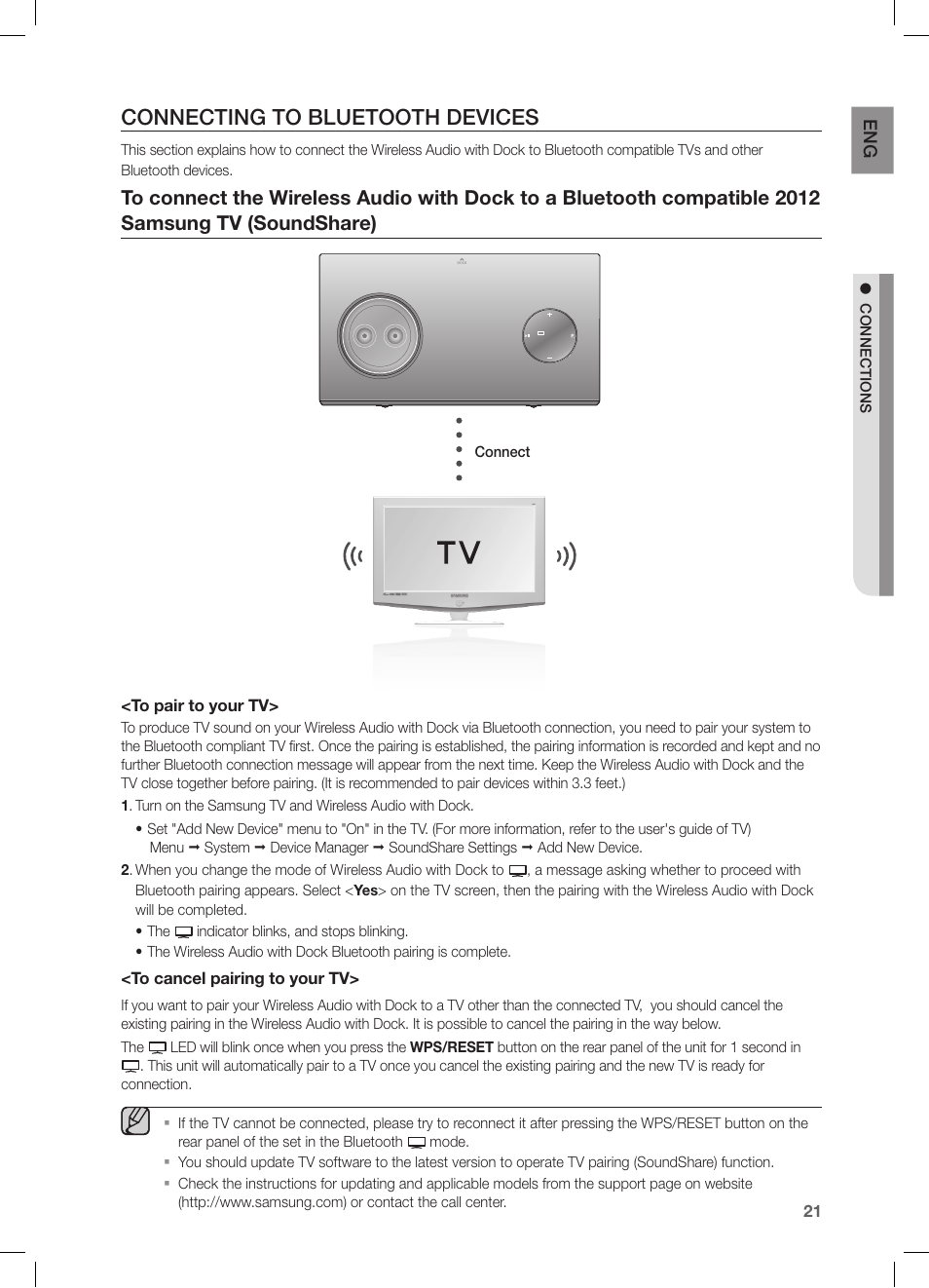 Connecting to bluetooth devices | Samsung DA-E750-ZA User Manual | Page 21 / 35