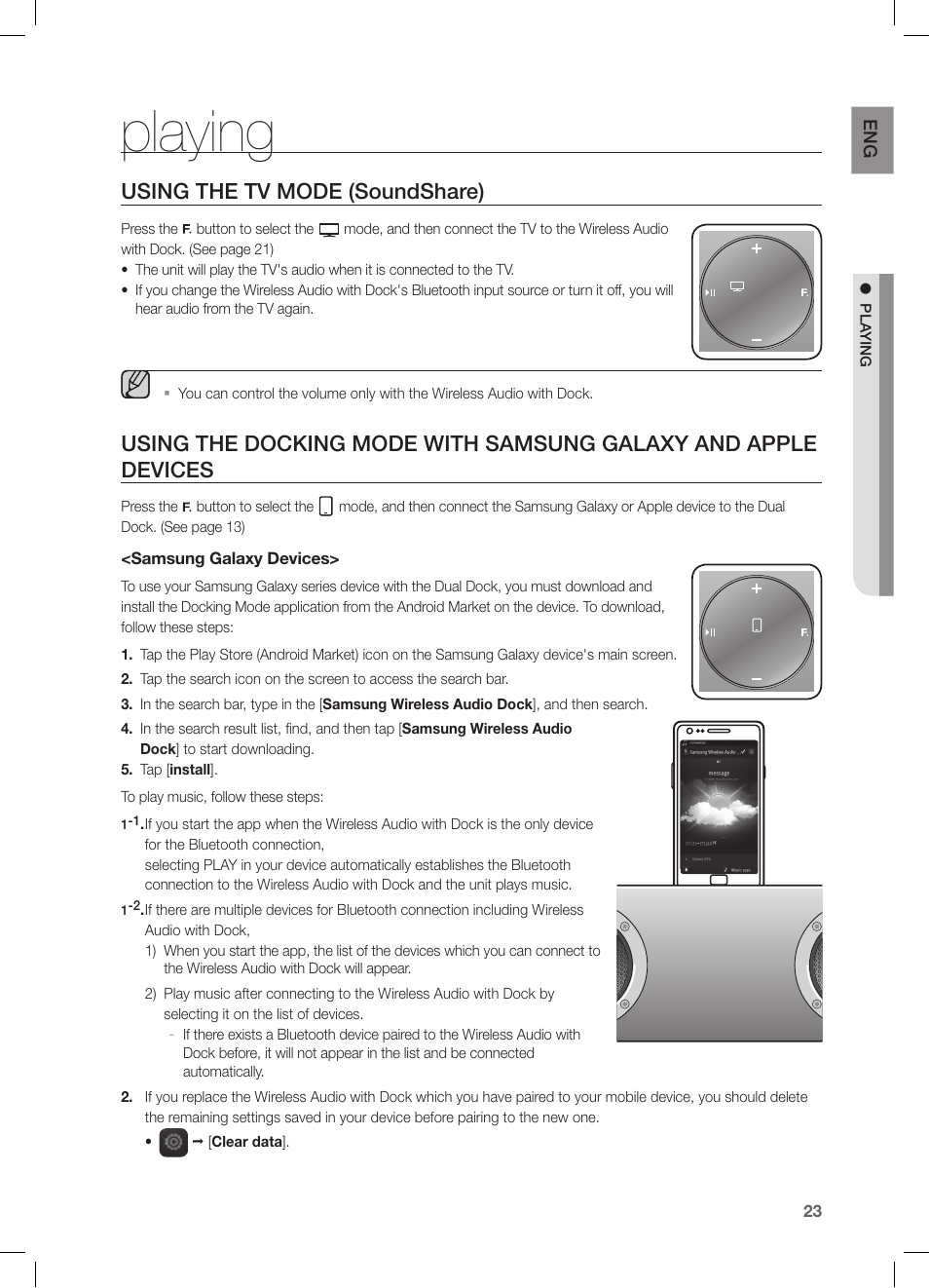 Playing, Using the tv mode (soundshare), Samsung galaxy devices | Samsung DA-E750-ZA User Manual | Page 23 / 35