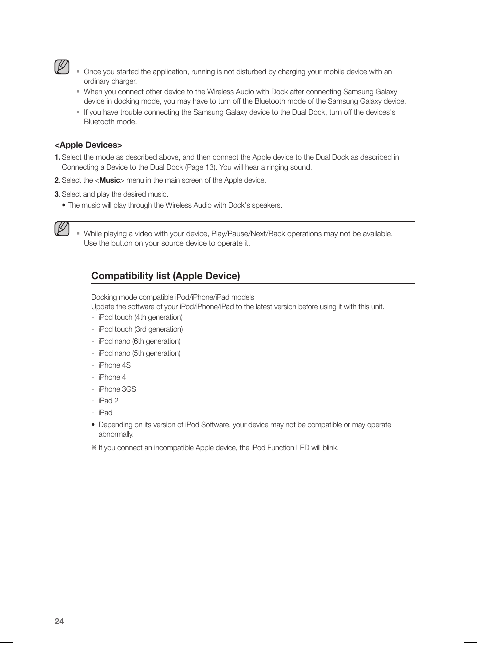 Compatibility list (apple device) | Samsung DA-E750-ZA User Manual | Page 24 / 35