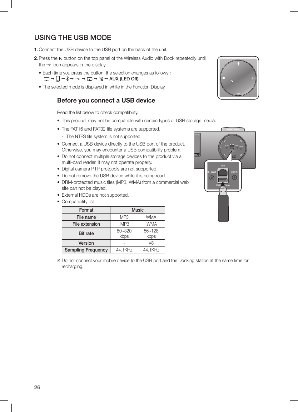 Using the usb mode, Before you connect a usb device | Samsung DA-E750-ZA User Manual | Page 26 / 35