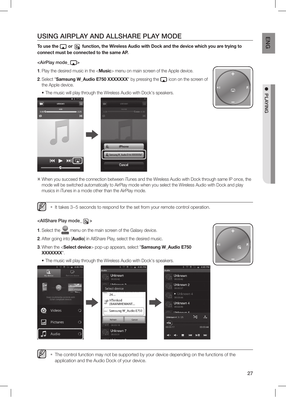 Using airplay and allshare play mode | Samsung DA-E750-ZA User Manual | Page 27 / 35