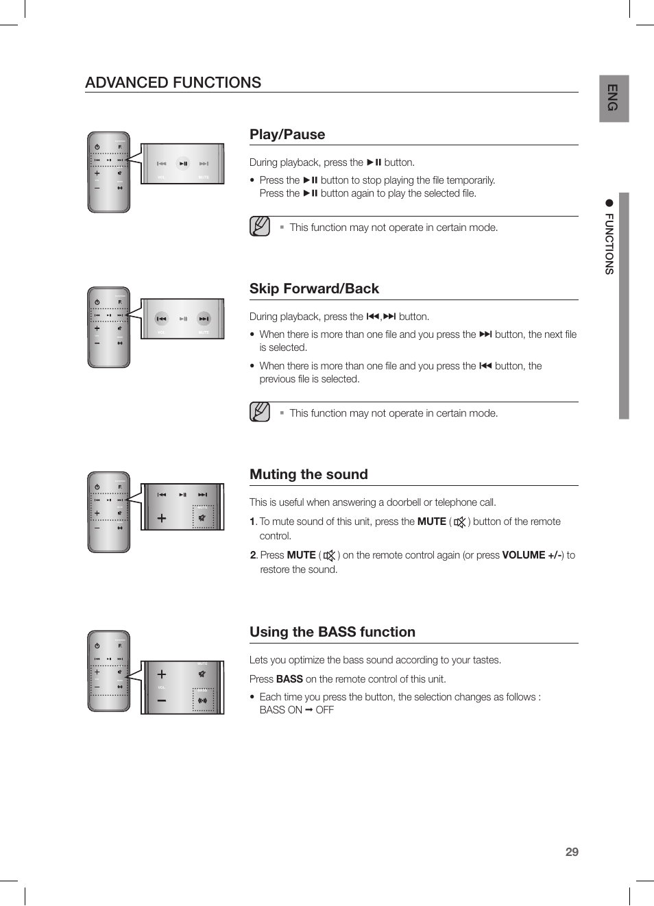 Advanced functions, Play/pause, Skip forward/back | Muting the sound, Using the bass function, F u nctions, This function may not operate in certain mode | Samsung DA-E750-ZA User Manual | Page 29 / 35