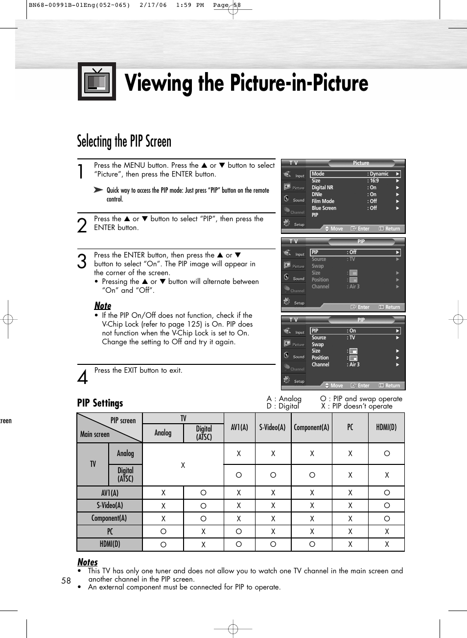 Viewing the picture-in-picture, Selecting the pip screen, Pip settings | Samsung HPS4253X-XAP User Manual | Page 58 / 144