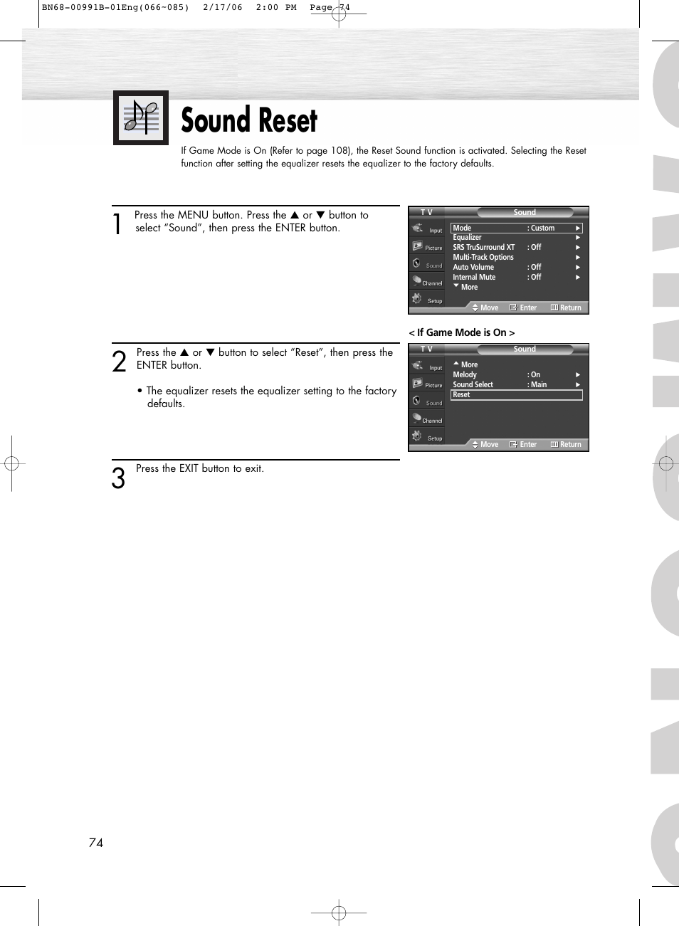 Sound reset | Samsung HPS4253X-XAP User Manual | Page 74 / 144