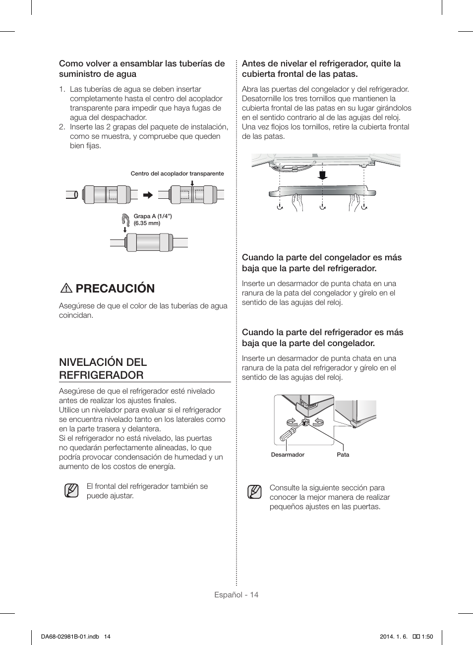 Precaución, Nivelación del refrigerador | Samsung RS25H5121SR-AA User Manual | Page 46 / 96