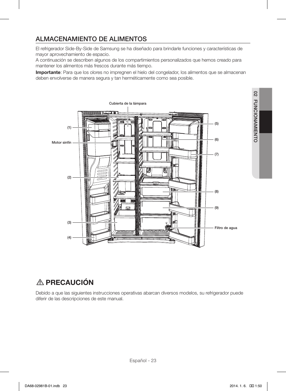 Precaución, Almacenamiento de alimentos | Samsung RS25H5121SR-AA User Manual | Page 55 / 96